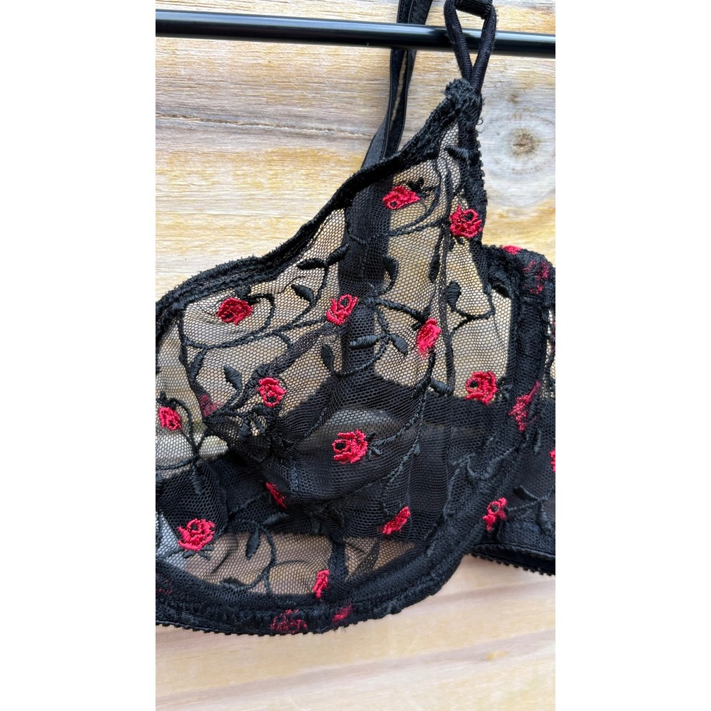 On Gossamer Black Red Rose Floral Embroidered Sheer Mesh Underwire Bra 36B - Picture 3 of 6